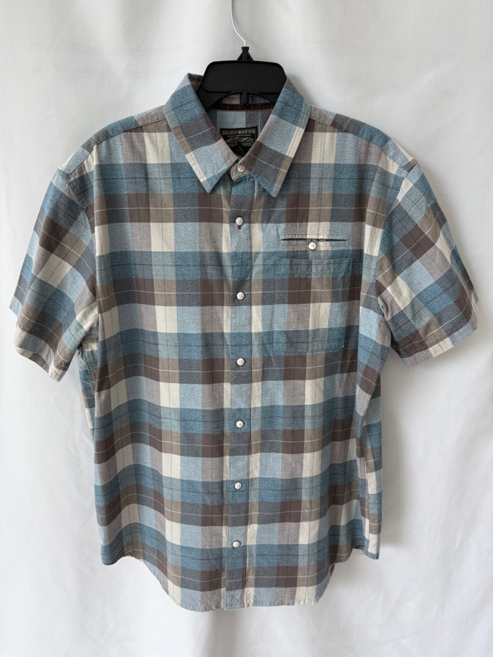 Grizzly Mountain Short Sleeve Plaid Button-Down in Blue, Brown, Cream